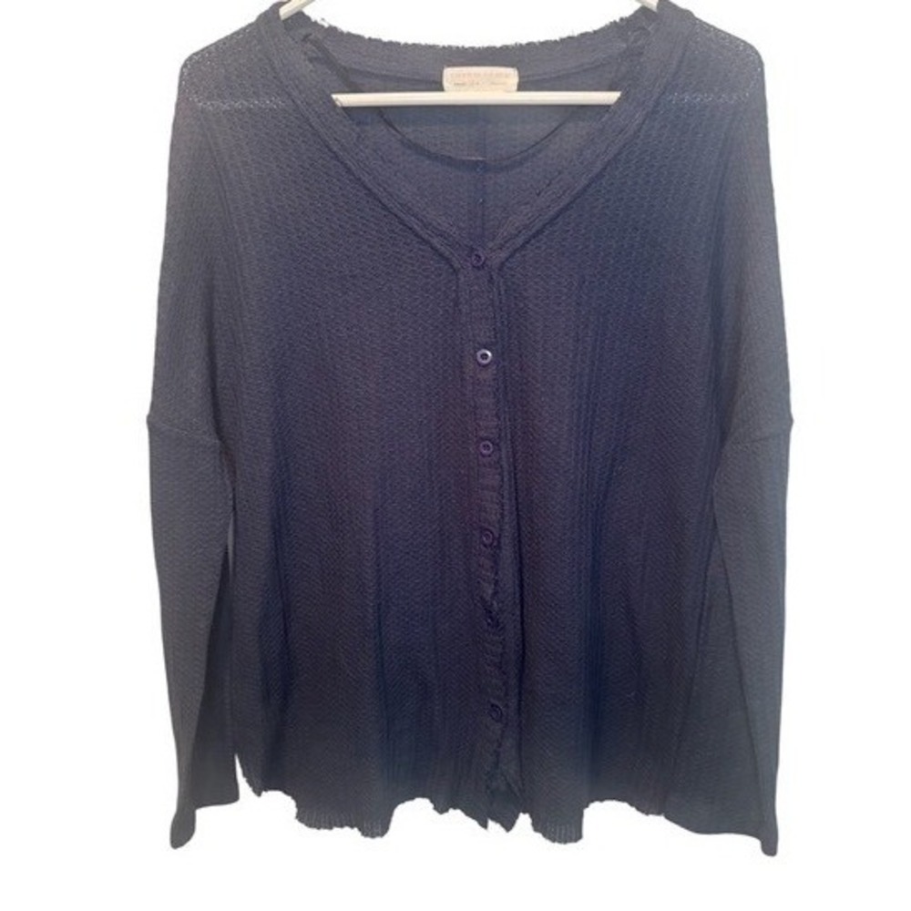 Urban Outfitters Women Navy Blue Waffle Knit Raw Edge Thermal Top S Classic